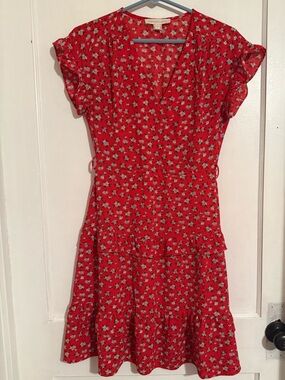 Monteau Red Floral Wrap-Style Mini Dress